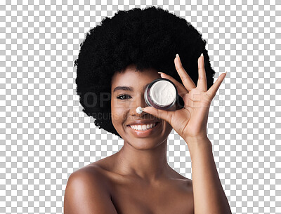 Buy stock photo Portrait, cream or black woman with skincare, beauty or dermatology isolated on transparent background. Face, African person or model with creme, cosmetic product or wellness with smile, png or shine