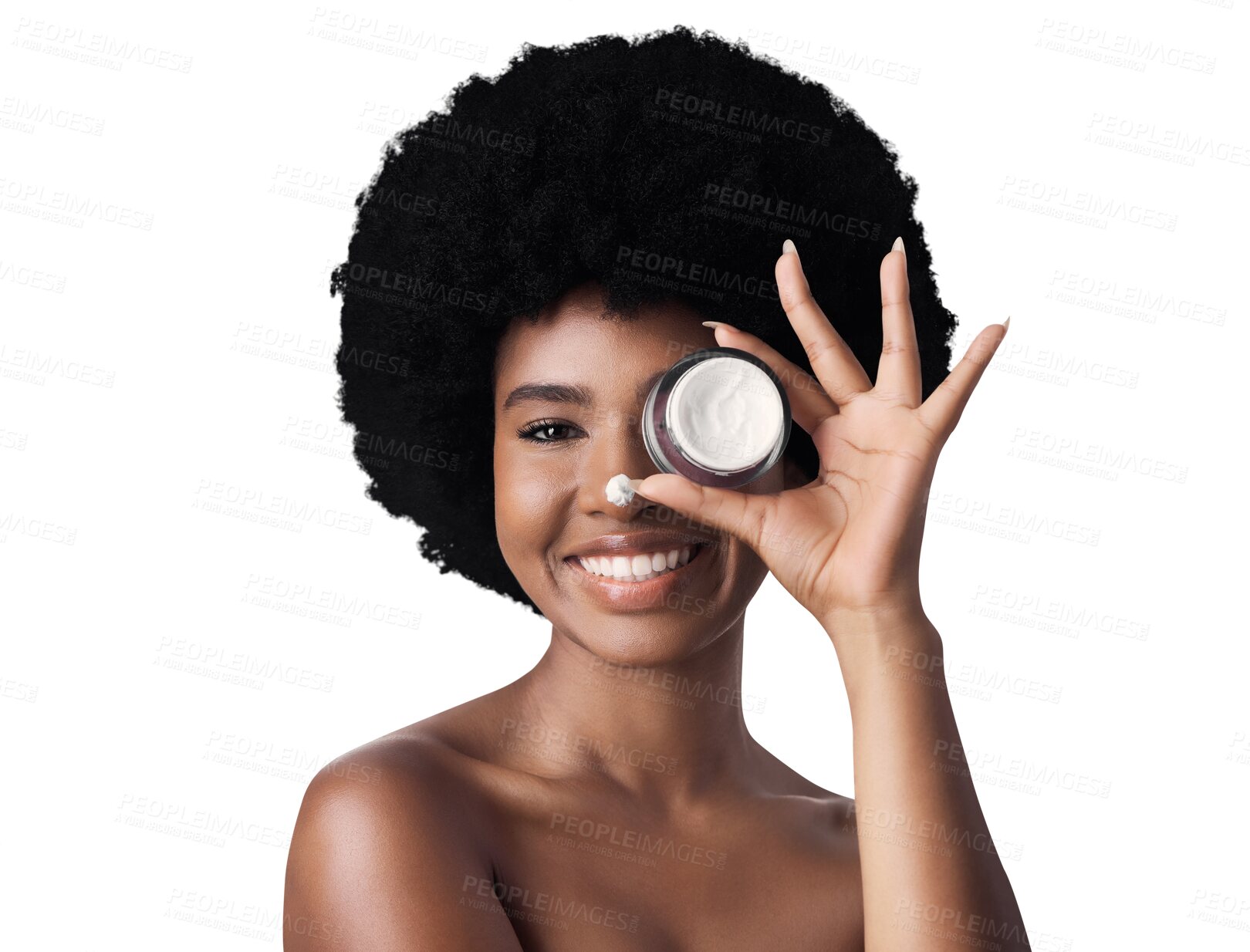 Buy stock photo Portrait, cream or black woman with skincare, beauty or dermatology isolated on transparent background. Face, African person or model with creme, cosmetic product or wellness with smile, png or shine