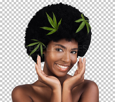 Buy stock photo Woman, beauty and cannabis leaves in portrait, afro or isolated in skincare by transparent png background. Girl, model or African person for plant, cbd oil or natural change for facial transformation