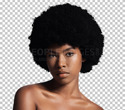 Buy stock photo Portrait, afro and black woman with makeup, beauty and dermatology isolated on a transparent background. Face, African person and model with skincare, cosmetics and wellness with png, shine and glow