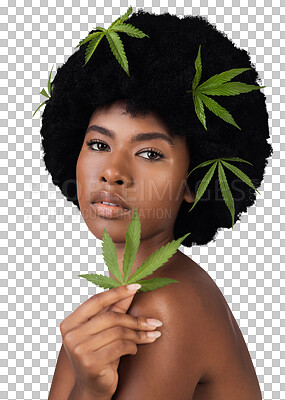 Buy stock photo Woman, skincare and cannabis leaves in portrait, afro or isolated in beauty by transparent png background. Girl, model or African person for plant, cbd oil or natural change for facial transformation