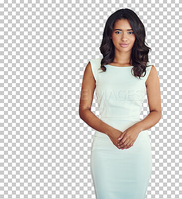 Buy stock photo Portrait, dress and woman with business, fashion and employee isolated on transparent background. Person, entrepreneur or model with stylish clothes, professional and corporate with png or confidence