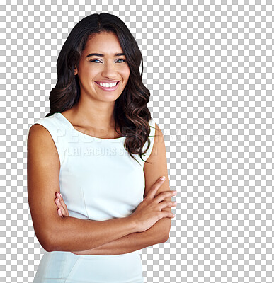 Buy stock photo Portrait, confident and a business woman arms crossed isolated on a transparent background for corporate work. Company, smile and agency career with a happy young employee on PNG as a professional