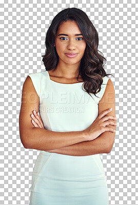 Buy stock photo Portrait, professional and corporate woman arms crossed isolated on transparent background for work. Company, mission or career with a confident young employee on PNG as a business person with style