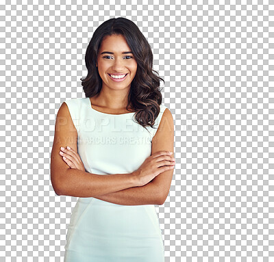 Buy stock photo Portrait, career and a business woman arms crossed isolated on a transparent background for corporate work. Company, smile and a confident young indian employee or agent on PNG as a professional