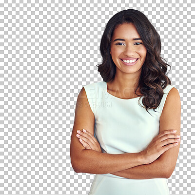 Buy stock photo Portrait, arms crossed and an indian business woman isolated on a transparent background for corporate work. Company, smile and mindset with a confident young employee on PNG as a professional