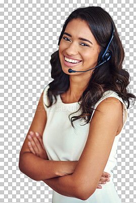 Buy stock photo Portrait, smile and a call center employee arms crossed isolated on a transparent background for consulting. CRM, customer support or service career with a happy young woman on PNG for telemarketing