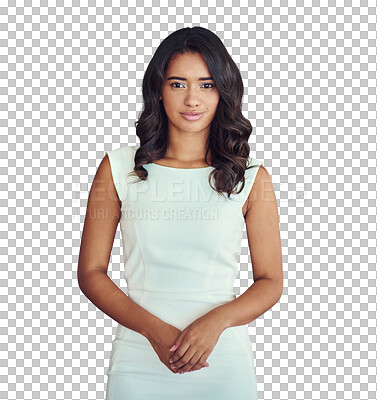 Buy stock photo Portrait, dress and woman with employee, fashion and consultant isolated on transparent background. Person, entrepreneur or model with stylish clothes, professional and elegant with png or confidence