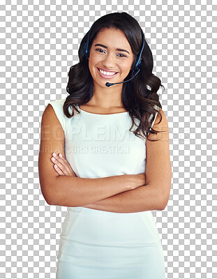 Buy stock photo Portrait, smile and a call center woman arms crossed isolated on a transparent background for consulting. CRM, customer support or service career with a happy young employee on PNG for telemarketing