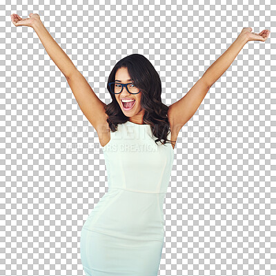 Buy stock photo Business, success and portrait of excited woman isolated on transparent png background with achievement. Businesswoman, secretary or receptionist in professional job, smile or arms up in celebration.