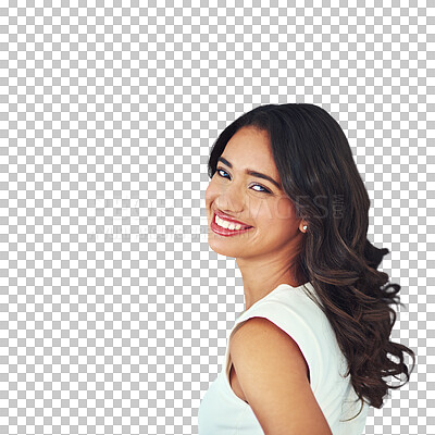 Buy stock photo Business fashion, confidence and portrait of happy woman isolated on transparent png background. Face of businesswoman, secretary or receptionist with professional career, smile and office work pride