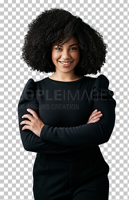 Buy stock photo Portrait, smile and a business black woman arms crossed isolated on a transparent background for work. Corporate, career and confident with a happy young employee on PNG as a positive professional