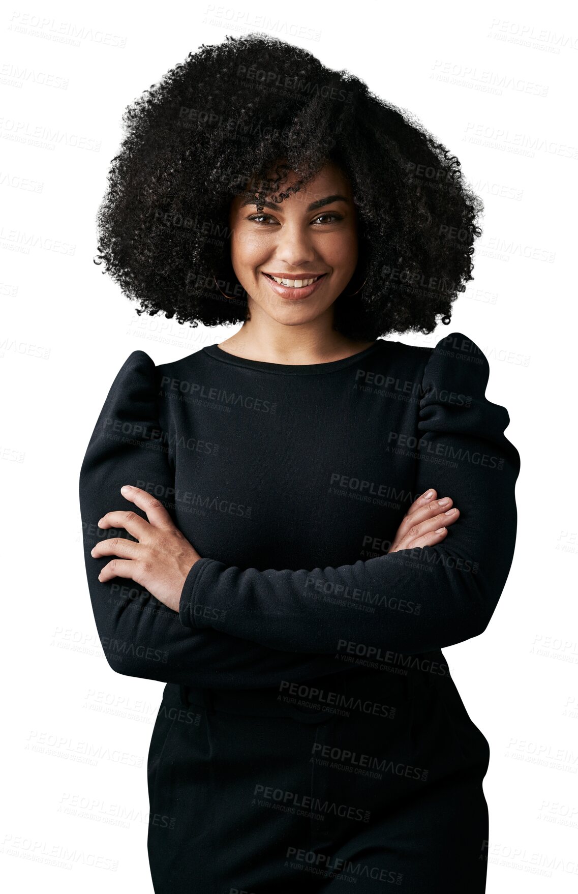 Buy stock photo Portrait, smile and a business black woman arms crossed isolated on a transparent background for work. Corporate, career and confident with a happy young employee on PNG as a positive professional