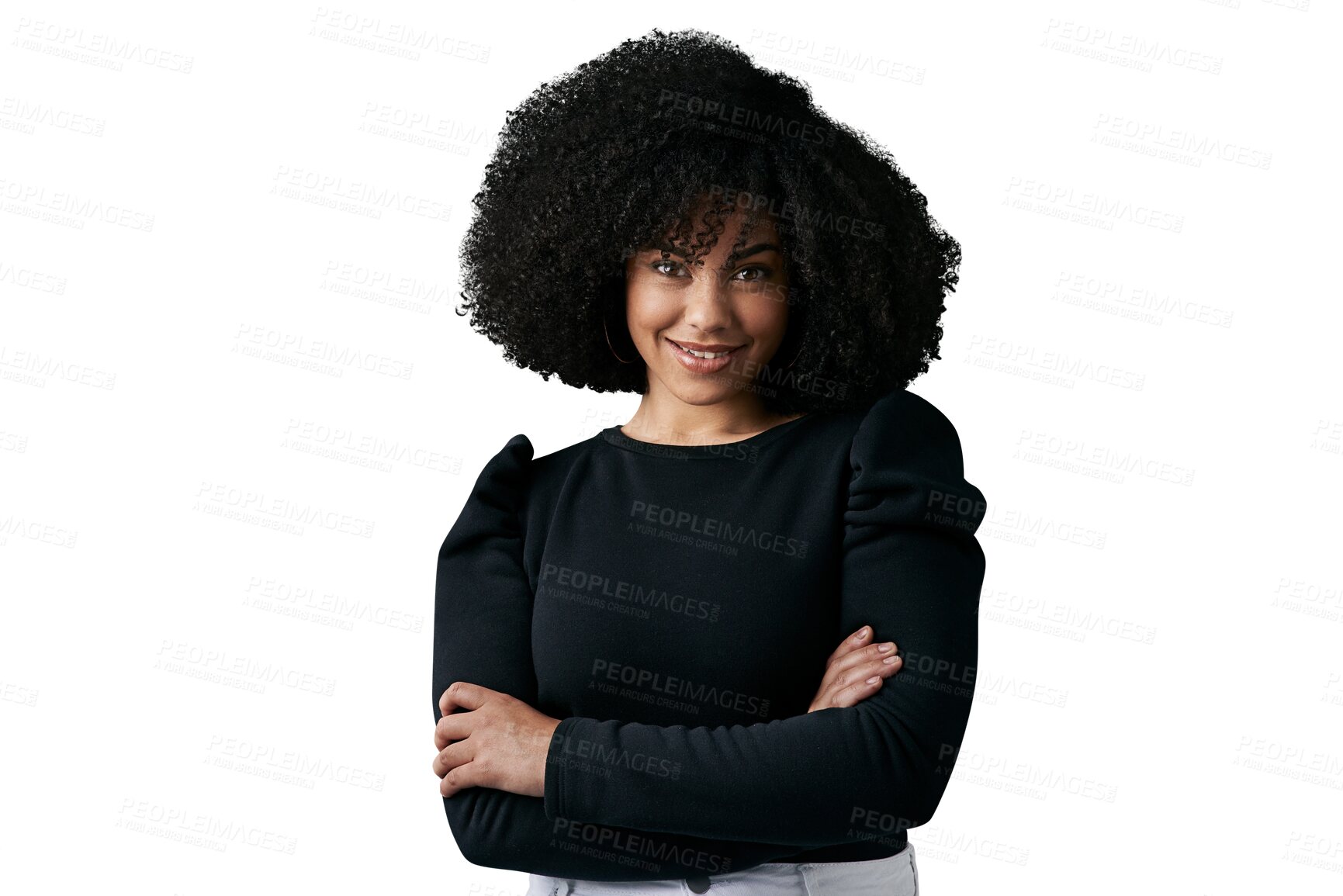 Buy stock photo Portrait, happy and a business black woman arms crossed isolated on a transparent background for work. Corporate, smile and career with a confident young employee on PNG as a positive professional