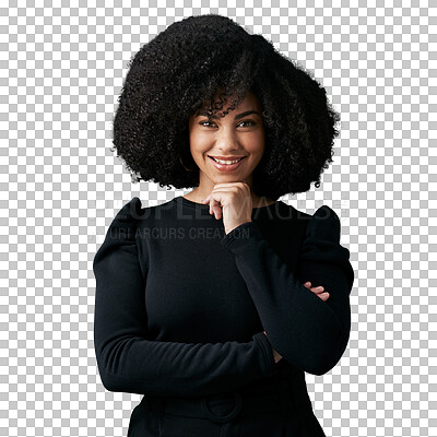 Buy stock photo Portrait, afro and happy business woman, designer or expert smile for work experience, fashion career or job. Happiness, formal apparel and professional person isolated on transparent, png background