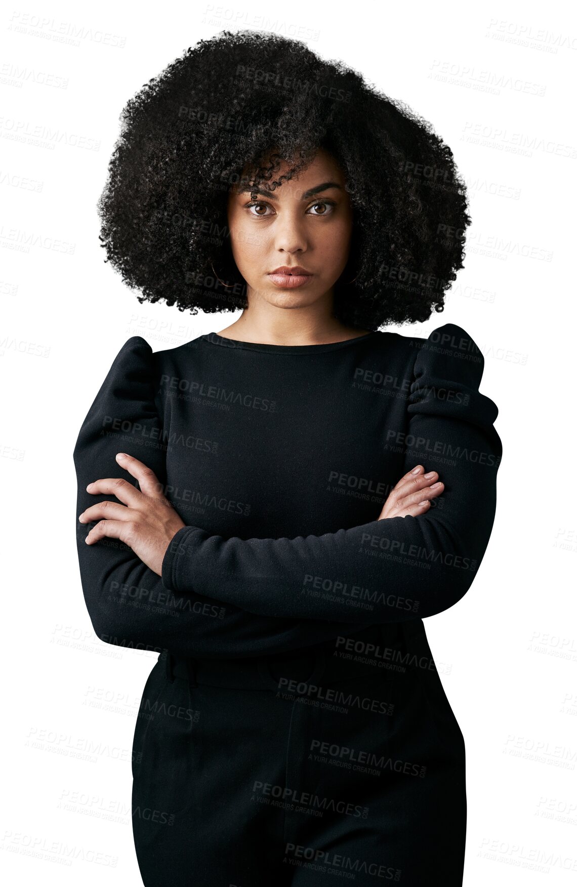 Buy stock photo Woman, confidence and fashion in portrait, elegant and afro or isolated on transparent png background. Black female person, face and pride for outfit, stylish clothing and beauty or glamour aesthetic