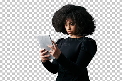 Buy stock photo Tablet, research and business woman reading online feedback, web project data or company information. Management, social media agency and professional person isolated on transparent, png background