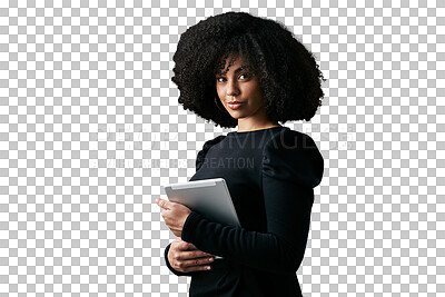 Buy stock photo Tablet, portrait and professional African woman, designer or consultant with online info, digital data or vocation. Media management, job experience or agent isolated on transparent, png background