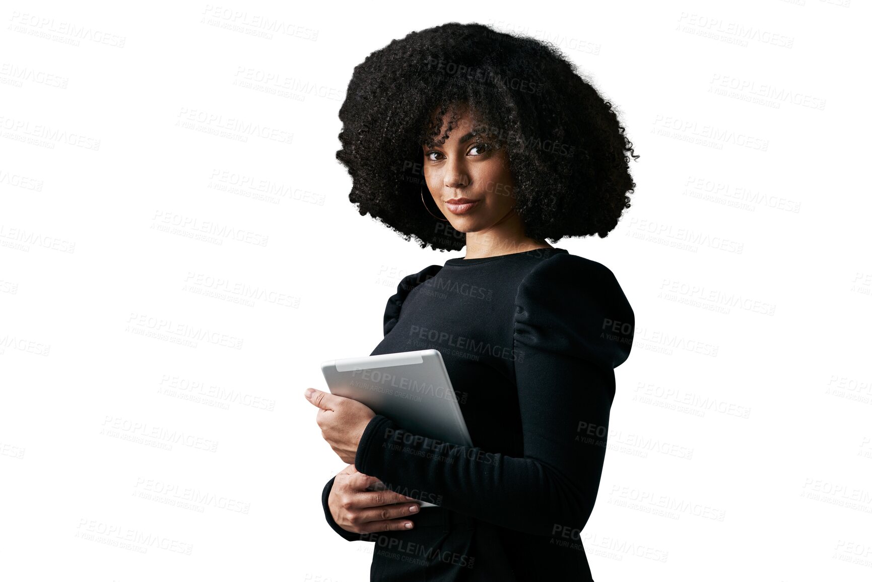 Buy stock photo Tablet, portrait and professional African woman, designer or consultant with online info, digital data or vocation. Media management, job experience or agent isolated on transparent, png background