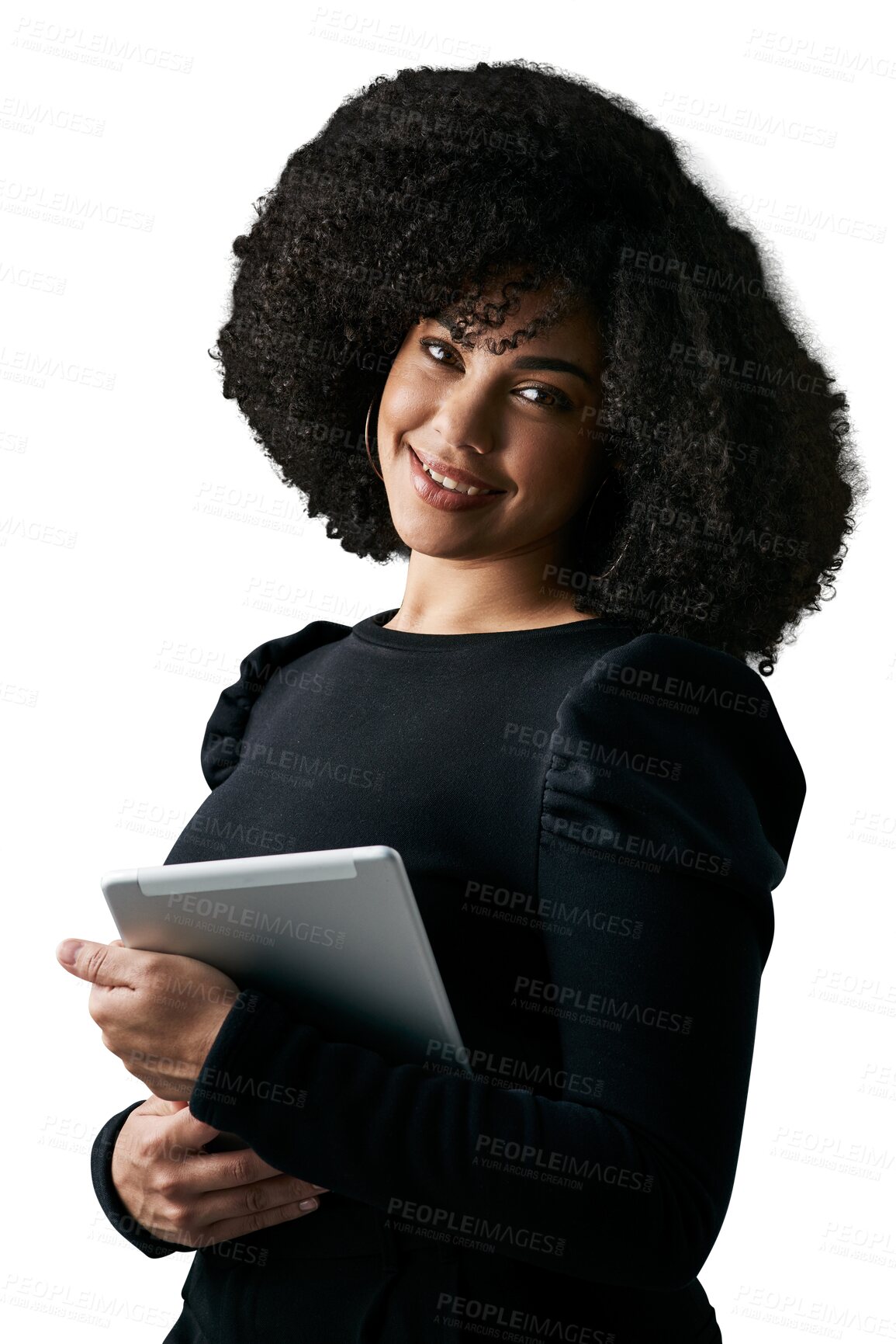 Buy stock photo Tablet, business portrait or happy African woman, designer or boss with corporate career, confident or job vocation. Business manager, work experience or agent isolated on transparent, png background