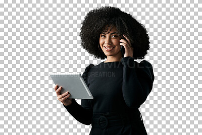 Buy stock photo Tablet, phone call and professional portrait of happy woman consulting on online info, project or advice. Cellphone, social media management and African agent isolated on transparent, png background