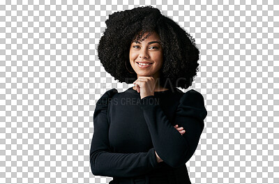 Buy stock photo Woman, confidence and fashion in portrait, smile and afro or isolated on transparent png background. Black female person, face and pride for outfit, stylish clothing and beauty or positive attitude