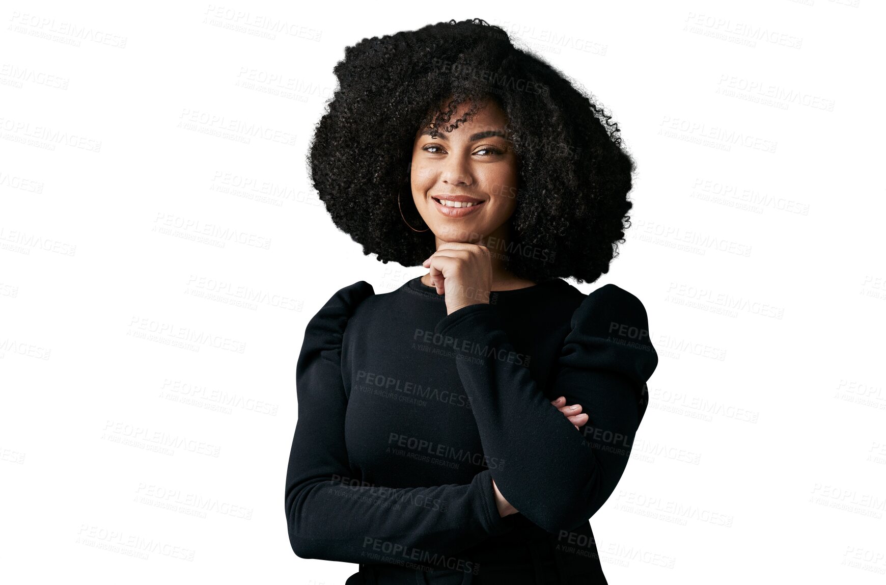 Buy stock photo Woman, confidence and fashion in portrait, smile and afro or isolated on transparent png background. Black female person, face and pride for outfit, stylish clothing and beauty or positive attitude