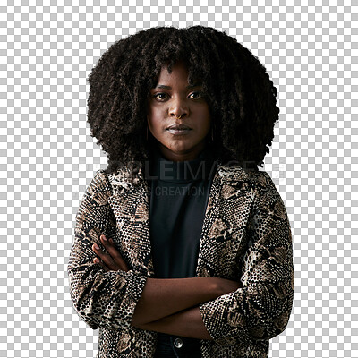 Buy stock photo Black woman, portrait and arms crossed for confident in fashion clothes with entrepreneur for pride in career. African model, face and creative ambition and isolated on transparent png background