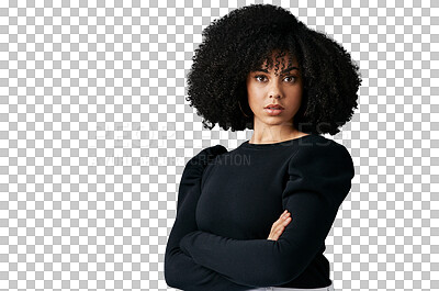 Buy stock photo Woman, confidence and fashion in portrait, pride and afro or isolated on transparent png background. Black female person, face and elegant outfit or stylish clothing, beauty and fancy aesthetic