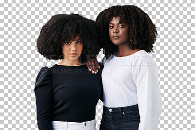 Buy stock photo Women, confidence and fashion in portrait, friends and afro or isolated on transparent png background. People, face and pride for outfit, stylish clothing and beauty or support, attitude and cool