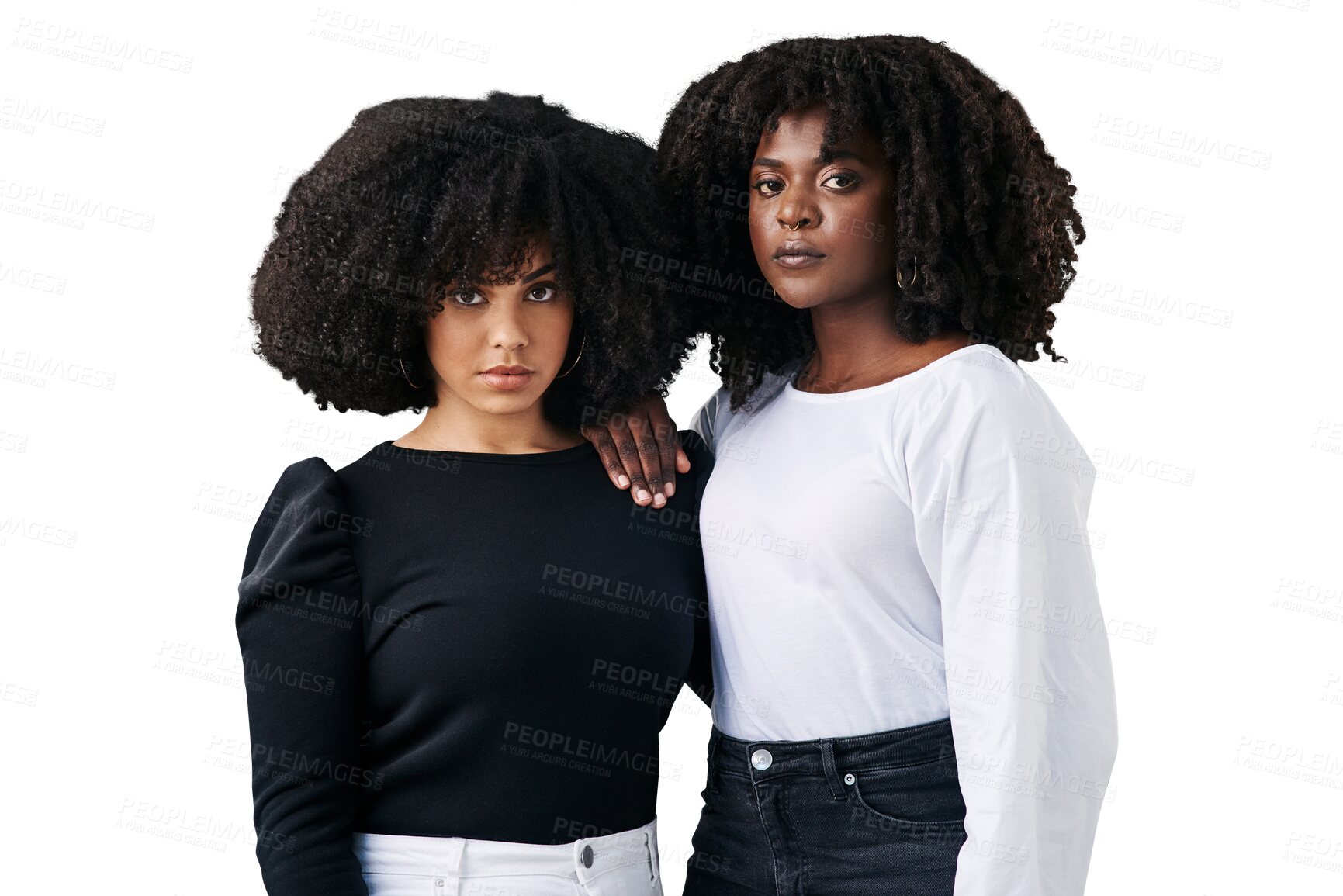 Buy stock photo Women, confidence and fashion in portrait, friends and afro or isolated on transparent png background. People, face and pride for outfit, stylish clothing and beauty or support, attitude and cool