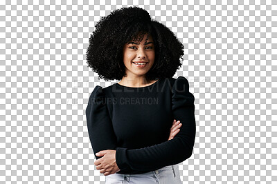 Buy stock photo Portrait, confident and a business black woman arms crossed isolated on a transparent background for work. Fashion, smile and career with a happy young employee on PNG as a positive professional