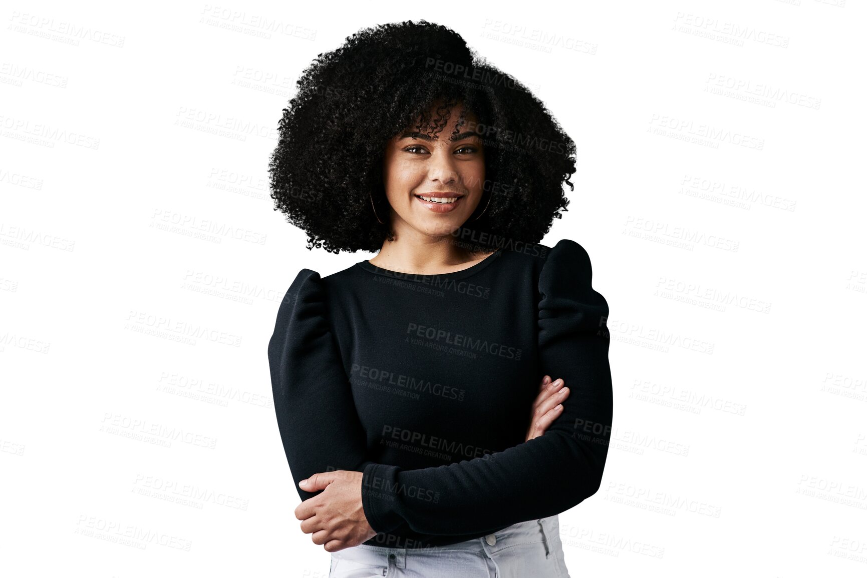 Buy stock photo Portrait, confident and a business black woman arms crossed isolated on a transparent background for work. Fashion, smile and career with a happy young employee on PNG as a positive professional