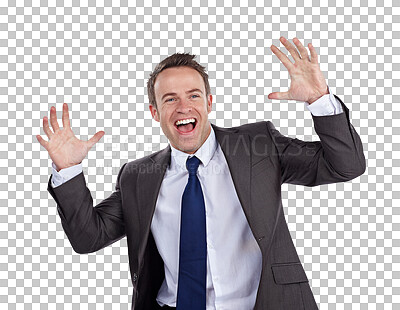 Buy stock photo Businessman, hands excited for work celebration or corporate company sale, winner or isolated transparent png background. Male person, career happy for promotion announcement, growth or achievement