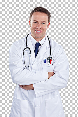 Buy stock photo Man, portrait and doctor with arms crossed in healthcare services, surgery or professional consulting isolated on transparent png background. Happy surgeon, expert therapist or trust for medical help