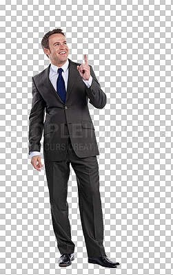 Buy stock photo Thinking, smile and a business man pointing to information isolated on a transparent background. Corporate, idea and professional with happy employee on PNG for an announcement, offer or promotion