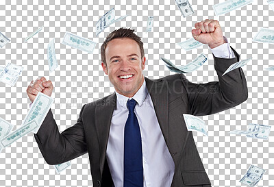 Buy stock photo Businessman, hands and celebrate money rain or winner bonus or lottery, work promotion or isolated transparent png background. Male person, cash reward in happy suit, company sale prize or wow profit