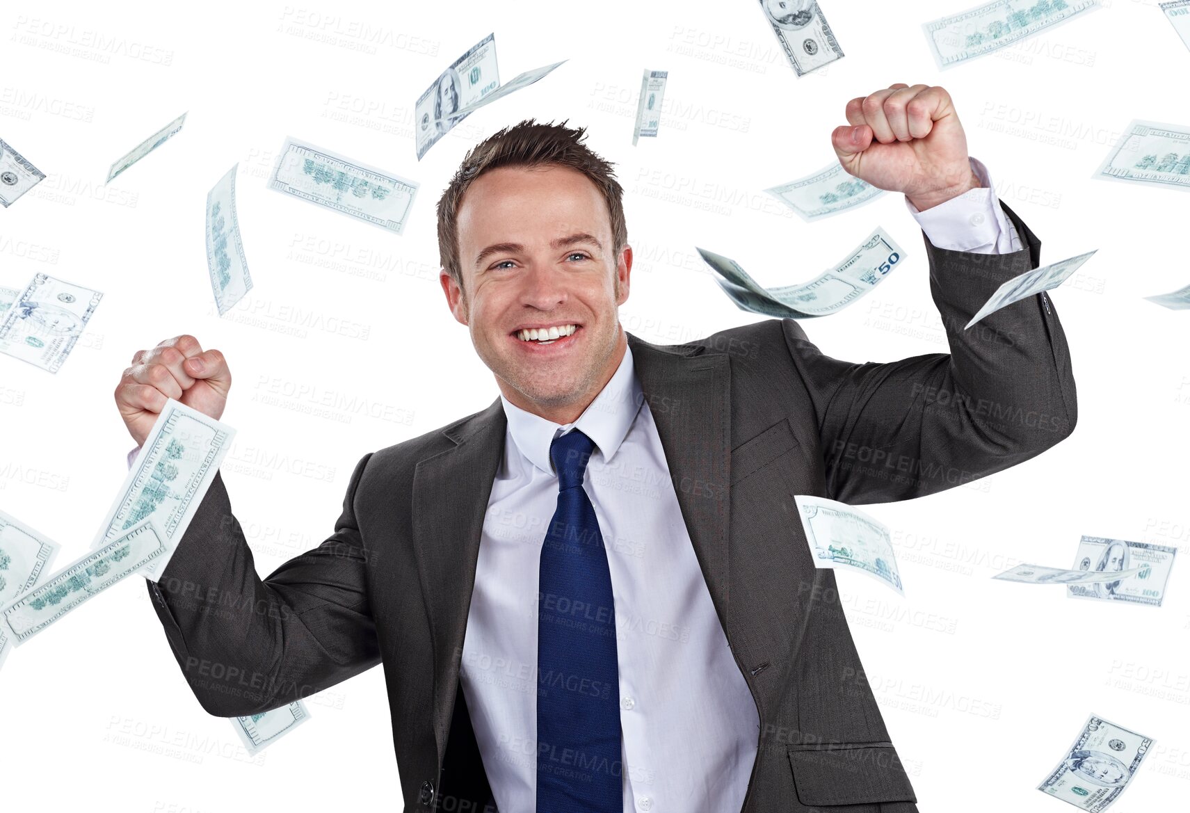 Buy stock photo Businessman, hands and celebrate money rain or winner bonus or lottery, work promotion or isolated transparent png background. Male person, cash reward in happy suit, company sale prize or wow profit