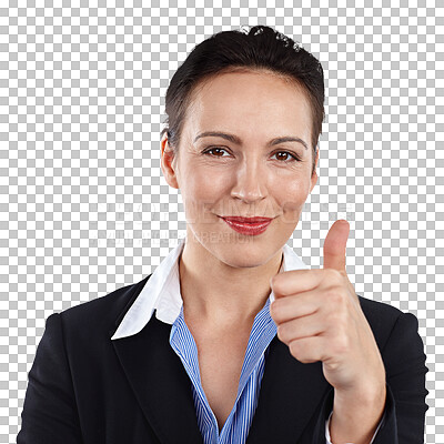 Buy stock photo Thumbs up, business woman and portrait of success, winning deal or achievement isolated on transparent png background. Face of happy worker, emoji sign or like for feedback, vote or support agreement