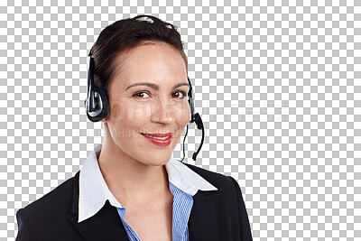 Buy stock photo Call center, woman and portrait with smile for telemarketing, CRM questions or customer service support isolated on transparent png background. Sales consultant, microphone or telecom contact for FAQ