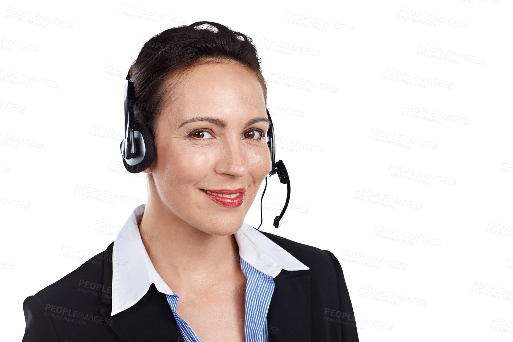 Buy stock photo Call center, woman and portrait with smile for telemarketing, CRM questions or customer service support isolated on transparent png background. Sales consultant, microphone or telecom contact for FAQ