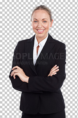 Buy stock photo Portrait, business woman with confidence and smile isolated on a transparent png background. Face, arms crossed and happy professional entrepreneur, agent and pride of corporate employee in Canada 