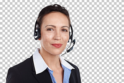 Buy stock photo Call center, woman and face portrait for communication, CRM questions and customer service support isolated on transparent png background. Telemarketing consultant with microphone for telecom contact