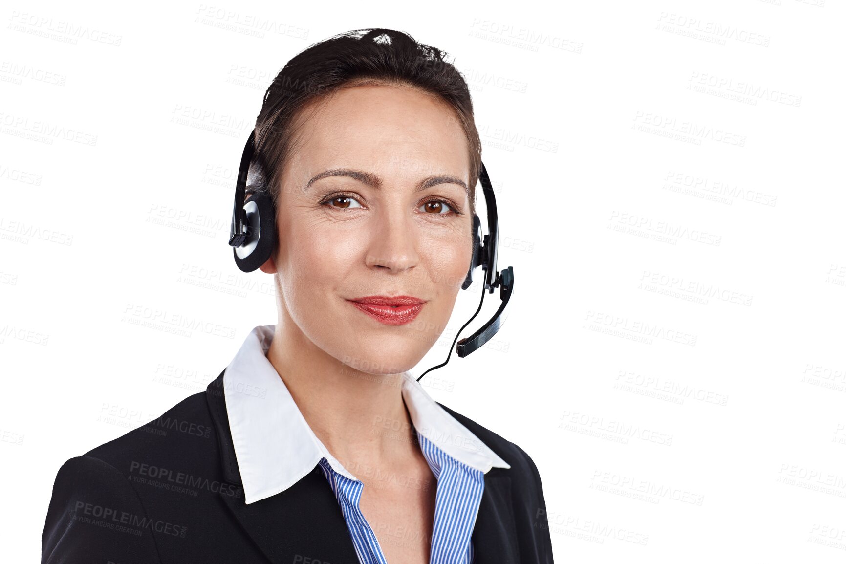 Buy stock photo Call center, woman and face portrait for communication, CRM questions and customer service support isolated on transparent png background. Telemarketing consultant with microphone for telecom contact