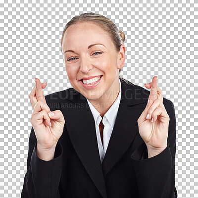 Buy stock photo Portrait, business woman and fingers crossed for hope of success, good news or deal isolated on transparent png background. Happy worker, emoji sign or wish for winning, lucky fortune or bonus reward