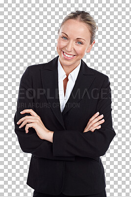 Buy stock photo Portrait, business woman with arms crossed and happy isolated on a transparent png background. Face, confidence and professional entrepreneur smile, agent and pride of corporate employee in Canada