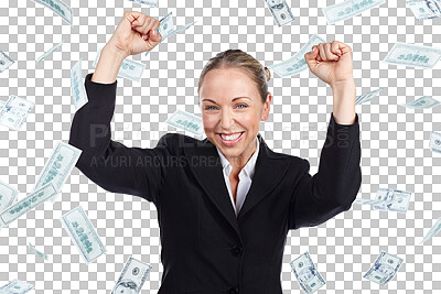 Buy stock photo Portrait, money rain and employee with celebration, woman and winner isolated on transparent background. Face, wealthy person and agent with png, financial success or lottery with accountant or smile