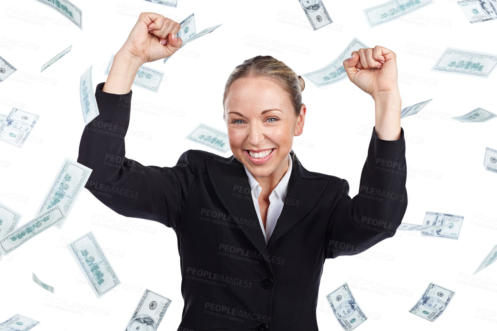 Buy stock photo Portrait, money rain and employee with celebration, woman and winner isolated on transparent background. Face, wealthy person and agent with png, financial success or lottery with accountant or smile