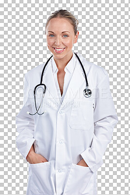 Buy stock photo Woman, portrait and doctor smile for healthcare services, medical insurance and professional consulting isolated on transparent png background. Happy surgeon, hospital therapist or working with pride