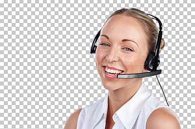 Buy stock photo Call center, woman and portrait with smile for telemarketing, CRM consulting and customer service questions isolated on transparent png background. Face of sales agent, microphone or telecom advisory